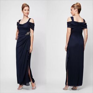 Alex Evenings Camille Cowl Neck Gown Size 10 NEW Navy Embellished Wedding Guest